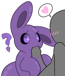 :3 ? angelskitty anon anthro big_breasts black_skin blush breasts duo fellatio female female_focus goo_creature heart hi_res human human_on_anthro hybrid interspecies lagomorph male male_on_anthro mammal oral paizuri penis purple_eyes purple_skin rabbit sex simple_background solo_focus speech_bubble straight white_background