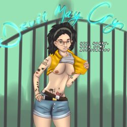 1girls ass black_hair breasts capcom cigarette devil_may_cry devil_may_cry_5 dialogue erie51 female female_only flashing freckles gate glasses green_eyes headband hotpants looking_at_viewer nicoletta_goldstein smoking solo tattoo tattoos text