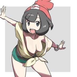 1girls areolae belly bent_over bracelet breasts brown_hair bule exposed_breasts eyelashes female female_only grey_background grey_eyes hat human human_only looking_at_viewer loose_clothes nintendo nipples open_mouth pokemon pokemon_sm revealing_clothes selene_(pokemon) shirt short_hair shorts smile spread_arms spread_legs standing teeth tongue wardrobe_malfunction white_border