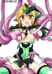 akatsuki_kirika armor black_panties black_skirt blonde_hair blood blush breasts breasts_out brown_eyes character_name clothed_sex clothing copyright_name cum cum_in_pussy cum_inside female headgear injury mos1613 open_mouth panties panties_aside penetration pussy restrained scratches senki_zesshou_symphogear short_hair skirt skirt_lift spread_legs tears tentacle tentacle_sex thighhighs torn_clothes vaginal_penetration wide_eyed