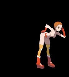 1girls akebi_(pokemon) aliana_(pokemon) ass belly belt bent_over black_background boots breasts erect_nipples female female_only gloves hand_on_ass human human_only looking_at_viewer naked_boots naked_footwear naked_gloves navel nintendo nude orange_eyes orange_hair orange_lipstick pokemon pokemon_xy short_hair standing team_flare thin_waist