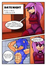 abs absurd_res anthro biceps blue_fur breasts brother cleavage clothed clothing comic date_night dialogue english_text female front_cover fur green_eyes hedgehog hi_res joykill legwear male mammal midriff muscular muscular_male navel nude pecs purple_eyes shower sister sonia_the_hedgehog sonic_(series) sonic_the_hedgehog sonic_underground superbunnygt text thigh_highs wet