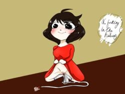 1girls baldi's_basics_in_education_and_learning black_hair dress dress_lift english_text female_masturbation knees_apart_feet_together lifted_by_self lifting playtime_(baldi's_basics) red_dress solo speech_bubble squatting vaginal_insertion vaginal_masturbation