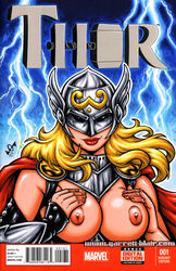 1girls 2016 big_breasts blonde_hair breasts breasts_out exposed_breasts female female_only garrett_blair human human_only jane_foster lady_thor light-skinned_female light_skin marvel mjolnir nipples solo thor_(series) winged_helmet