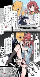 1boy absurdres arm_support blush casual cigarette comic female fingering highres idolmaster idolmaster_shiny_colors komiya_kaho muchi_maro orgasm p-head_producer panties producer_(idolmaster) pussy_juice red_eyes red_hair scarf shirt shorts spread_legs tears translation_request underwear