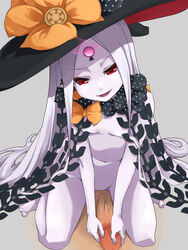 abigail_williams_(fate/grand_order) bangs bare_shoulders black_bow black_hat blush bow breasts collarbone fate/grand_order fate_(series) female glowing glowing_eye grey_background hat highres keyhole long_hair mikanbako navel open_mouth orange_bow parted_bangs penis_grab polka_dot polka_dot_bow red_eyes simple_background small_breasts smile solo_focus thighs very_long_hair waist white_hair white_skin witch_hat