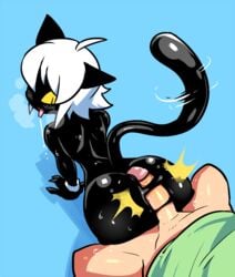 2018 all_fours ambiguous_gender anthro ass assjob big_ass big_butt blue_background blush bottomless buttjob clothed clothing crap-man digital_media_(artwork) drooling duo erection feline goo_creature hair heavy_breathing human human_on_anthro interspecies looking_back male male/ambiguous male_on_anthro mammal nenekoko_(crap-man) nude open_mouth original original_character original_characters outercourse penis saliva sex short_hair simple_background sweat sweatdrop toma_(crap-man) tongue tongue_out white_hair yellow_eyes