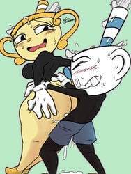 1boy 1boy1girl 1girls animate_inanimate ass blush breasts chalice clothing cum cup cuphead:_the_delicious_last_course cuphead_(game) female footwear gloves handwear hi_res humanoid jyto male ms._chalice mugman object_head open_mouth penetration sex simple_background smile straight straw video_games