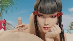 1boy 1girls 3d animated beach black_hair close-up elferan erection eyeshadow faceless_male female hair_ribbon handjob kazumi_mishima long_hair looking_at_viewer lying male naughty_face no_sound nude outdoors penis pov seductive staring tekken tekken_7 video