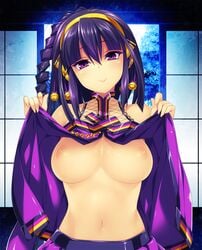 bare_shoulders beatmania beatmania_iidx bell breasts female fingernails hair_bell hair_between_eyes hair_ornament hairband head_tilt highres inverted_nipples kinoshita_ichi large_breasts long_fingernails navel nipples no_bra purple_eyes purple_hair shirt_lift skirt smile solo umegiri_hifumi