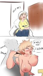 1boy 1girls ahe_gao ass big_breasts blanket blonde_hair blushing bouncing_breasts breasts closet clothed comic deee doggy_style english_text faceless_male from_behind house huge_breasts instant_loss_2koma milf mitsuki_bakugou mother muscles my_hero_academia panties pants rape red_eyes room sex shirt short_hair speech_bubble straight swinging_breasts text