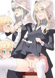 2boys 2girls blonde_hair blush breast_sucking breasts censored character_request copyright_request medium_breasts multiple_boys multiple_girls no_bra no_panties nun pussy shin'ya_(shin'yanchi) simple_background spread_legs thighhighs white_background white_hair white_legwear