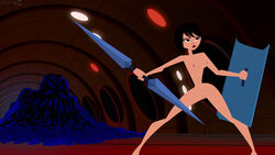 accurate_art_style ashi_(samurai_jack) black_hair breasts daughters_of_aku edit female looking_at_another monster naked nipples pussy samurai_jack short_hair small_breasts solo standing stiky_finkaz upset weapons