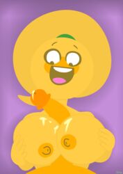 1boy 1girls areolae big_breasts big_penis blush breasts cum emoji emoji_(race) emoji_slut emojifam_(sssir8) female humanoid long_penis male nipples no_outlines orange_skin paizuri penis ponytail purple_background slobbyslapper sssir sssir8 teeth yellow_skin