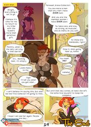 2018 alma_(zummeng) anthro arthropod bee brown_fur bryta_(zummeng) clothed clothing comic detailed_background digital_media_(artwork) dildo end_page english_text feline female fur group hair insects ko-fi_username lion mammal page_19 patreon_username red_hair sex_toy text zummeng