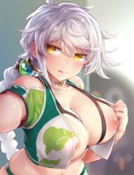 :p areolae blush bra braid breasts cloud_print crop_top cupless_bra female hair_between_eyes hair_ornament highleg jitome kantai_collection large_breasts long_hair looking_at_viewer navel nipple_slip nipples reaching seductive_smile silver_hair single_braid smile solo tongue tongue_out underwear unryuu_(kantai_collection) wavy_hair yamaarashi yellow_eyes