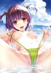 :d absurdres bangs bikini blue_sky blunt_bangs blush breasts brown_eyes cameltoe cloud copyright_request day female green_bikini green_swimsuit hair_ribbon highres horizon island looking_at_viewer lying misaki_kurehito navel nipples ocean on_back open_mouth outdoors partially_submerged partially_visible_vulva purple_hair ribbon scan sky sling_bikini small_breasts smile solo sparkle spread_legs strap_pull sunlight swimsuit thighs two_side_up water water_drop wet