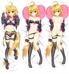 bed_sheet beiyu black_bra black_footwear black_gloves black_jacket black_legwear black_panties blonde_hair blue_panties blush bra breasts clothes_down collarbone dakimakura eyebrows_visible_through_hair female fingerless_gloves from_above full_body gloves hair_between_eyes jacket kai-ri-sei_million_arthur kneehighs kunai long_sleeves looking_at_viewer lying million_arthur_(series) navel nipples on_back open_clothes open_jacket panties panty_pull pulled_by_self pussy red_eyes shiny shiny_clothes short_hair single_kneehigh single_thighhigh small_breasts smile solo striped striped_bra thigh_strap thighhighs touzoku_arthur underwear weapon