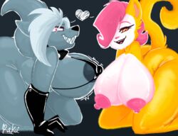 2019 anthro ass beatrix_dominatrix big_breasts big_butt bikini breasts canid canine canis clothing domestic_cat duo felid feline felis female gloves heart huge_breasts latex latex_gloves looking_at_viewer mammal micro_bikini monique_pussycat nic-m-lyc nipples nude simple_background super_fuck_friends swimwear thick_thighs wolf