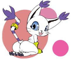 2018 abstract_background alpha_channel anthro ass blue_eyes breasts claws clothing digimon fangs felid feline felis female fur furry furry_only gatomon gloves kneeling looking_back mammal naked nude pussy raised_tail smile solo tail tongue tongue_out vono whiskers white_fur