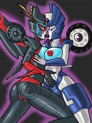 2girls ass asymmetrical_docking autobot blue_eyes breasts chromia duo female female_focus female_only grriva kissing low_res multiple_girls robot side_view sideboob transformers transformers_idw windblade yuri