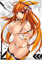 :o animal_ears arm_strap beatmania beatmania_iidx bikini bikini_pull boots breasts breasts_out choker fake_animal_ears female gloves hair_ornament hairband highres kinoshita_ichi large_breasts leg_up long_hair looking_at_viewer navel nipples open_mouth orange_eyes orange_hair orange_legwear perky_breasts ribbon_choker shiny shiny_skin side-tie_bikini solo string_bikini swimsuit thigh_boots thighhighs umegiri_iroha very_long_hair white_gloves