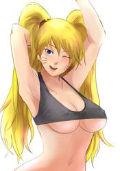 1girls armpits blonde_hair blue_eyes canon_genderswap female female_only genderswap naruko naruto navel rule_63 simple_background smile solo twintails underboob uzumaki_naruto whisker_markings zeros