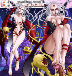 1boy 1girls bare_legs barefoot breasts cleavage cloud_of_darkness cum demon_girl dissidia erection feet female final_fantasy footjob forehead_mark legs long_hair looking_at_penis male monster_girl navel nude penis rankerhen red_eyes toejob toenail_polish toes unseen_male_face white_hair