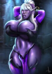 1girls big_breasts breasts bursting_breasts clothed dark_elf earring elbow_gloves elf huge_breasts lasgaclaven loincloth long_hair manaworld nose_piercing piercings ponytail purple_skin shadow_elf syx thick_thighs thighhighs voluptuous white_hair