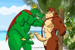 abs anthro ape balls banana beach biceps bondage bound cape clothing color_edit colored crocodilian crown domination donkey_kong donkey_kong_(series) duo edit erection food fruit humanoid_penis humiliation interspecies k_rool kremling male male_domination male_only mammal muscular necktie nintendo outside pecs penis primate reptile royalty scalie seaside staticlustdemons submissive submissive_male tongue tongue_out video_games wuffinarts yaoi