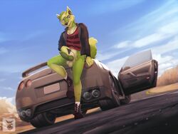 2018 animal_genitalia animal_penis canine car clothed clothing detailed_background digital_media_(artwork) erection footwear fox jacket k_98 knot leaning legwear male male_only mammal nissan nude partially_clothed penis precum road shirt shoes socks vehicle watermark