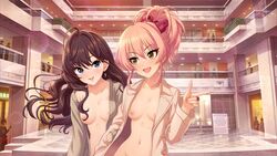 annin_doufu blue_eyes breasts brown_hair ichinose_shiki idolmaster idolmaster_cinderella_girls jougasaki_mika jpeg_artifacts long_hair nipples nude pink_hair ponytail yellow_eyes