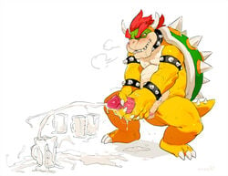 3_toes 4_fingers anthro bara bebebebebe bowser claws cum cum_drip cum_in_a_cup cum_in_container cum_on_ground cum_on_hand cumshot dripping ejaculation erection koopa male male_only mario_(series) masturbation muscular muscular_male nintendo orgasm penile_masturbation penis scalie sharp_teeth simple_background smile solo teeth toe_claws toes tototoilet video_games white_background