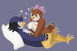 animal_crossing avian bird celeste_(animal_crossing) cowgirl_position duo female hair_ribbon hairbow heart male naughtycactus nintendo on_top owl pillow ribbons sex simple_background straight video_games