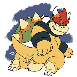 2018 anthro anus armlet ass balls bowser cum cum_from_ass gay hair kneeling koopa looking_at_viewer looking_back male male_only mario_(series) nintendo presenting presenting_anus presenting_hindquarters raburigaron rear_view red_hair scalie shell smile solo video_games