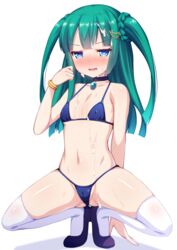 bikini black_choker blue_eyes blush bracelet breasts character_request choker cum cum_on_body cum_on_upper_body facial female green_hair hair_ornament heart heart-shaped_pupils highres jewelry long_hair looking_at_viewer micro_bikini navel pripara simple_background small_breasts solo squatting swimsuit symbol-shaped_pupils thighhighs tiger_rmn two_side_up white_background white_legwear