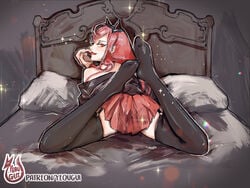 1girls artist_name artist_signature bare_shoulders bed butt cat_ears darling_in_the_franxx egirl feet feet_up female garter_straps horns inviting legs_up licking_finger long_hair looking_at_viewer lying lying_on_stomach naughty_face pink_hair red_eyes skirt socks solo spread_legs thighhighs thighs tongue tongue_out yeougui zero_two_(darling_in_the_franxx)