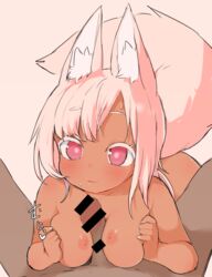 animal_ears bar_censor blush breasts censored dark_skin dog_ears dog_tail done_(donezumi) eyebrows_visible_through_hair female fox_ears fox_girl long_hair looking_at_viewer medium_breasts nipples original paizuri penis pink_eyes pink_hair solo_focus straight sweat tail