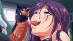 1boy animated areola belt breasts censored classroom clothing drop_out elbow_gloves fellatio female gif green_eyes large_breasts latex licking long_hair mosaic_censoring nipples oral_sex penis purple_hair saliva school shichijou_reika tongue tongue_out