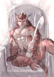 abs anthro balls biceps big_penis brown_fur brown_hair chair charr claws cum cum_everywhere cum_on_chest cum_on_leg cumshot ejaculation erection feline fur guild_wars hair hi_res horn humanoid_penis invalid_tag male male_only mammal messy muscular muscular_male navel open_mouth orgasm pecs penis ralefov red_eyes simple_background sitting sketch smile solo teeth throne video_games