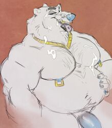 anthro bear belly biceps black_tongue blue_eyes blue_penis cum cum_in_mouth cum_inside cum_on_chest cum_on_face fur gold_(metal) gold_necklace gold_tooth humanoid_penis jewelry kihu male male_only mammal moobs musclegut muscular muscular_male necklace nipple_piercing nipples nude open_mouth overweight overweight_male pecs penis piercing polar_bear simple_background smile solo tongue tongue_out white_fur