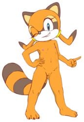 anthro areola big_eyes blue_eyes female flat_chest fur jetfrozen looking_at_viewer mammal marine_the_raccoon navel nipples nude pussy raccoon sega solo sonic_(series) standing transparent_background young