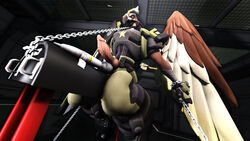 3d armor avian beak benedict_(battleborn) bird bondage bound chained clothed clothing erection feathers hawk male muetank open_mouth penis sex_toy solo source_filmmaker vibrator video_games wings