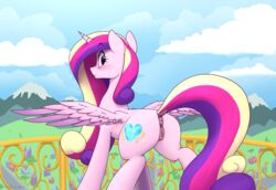 2018 alicorn anatomically_correct anatomically_correct_pussy anearbyanimal animal_genitalia animal_pussy anus ass balcony blush clitoral_winking clitoris cloud cutie_mark detailed_background dock equine equine_pussy eyebrows eyebrows_visible_through_hair eyelashes feathered_wings feathers female feral friendship_is_magic hair hi_res hooves horn long_hair looking_at_viewer looking_back mammal mountain multicolored_hair my_little_pony nude outside portrait princess_cadance_(mlp) puffy_anus purple_eyes purple_feathers pussy railing rear_view sky solo spread_wings standing wings