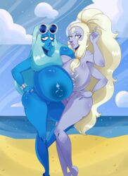 2017 2girls 4_arms 5_fingers alien areola ass beach big_breasts blonde_hair blue_diamond_(steven_universe) blue_eyes blue_hair blue_skin bracelet breasts cartoon_network clothing cloud diamond_authority digital_media_(artwork) dsolteone duo erect_nipples eyewear female female_only footwear gem_(species) gem_fusion glasses green_eyes hair hand_on_hip huge_breasts humanoid hyper hyper_breasts jewelry long_hair looking_at_viewer multi_arm multi_limb multiple_girls nipples nude nude_female opal_(steven_universe) outside ponytail purple_skin pussy raised_arm ring sea seaside sky smile standing steven_universe water