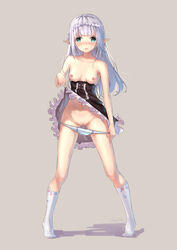 absurdres aqua_eyes bangs black_skirt blunt_bangs blush breasts collarbone embarrassed female floating_hair floral_print frilled_skirt frills full_body grey_background high-waist_skirt highres kneehighs lifted_by_self long_hair midriff navel nipples original panties panty_pull pointy_ears pulled_by_self pussy shadow shenhai_(2556146833) silver_hair simple_background skirt skirt_lift small_breasts solo standing stomach topless underwear very_long_hair white_legwear