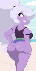 2018 amethyst_(steven_universe) ass beach beach_party_(steven_universe) big_ass breasts butt_shot cartoon_network dat_ass dream-cassette eyebrows eyebrows_visible_through_hair eyelashes female female_only gem_(species) hoshime jeans long_hair looking_back ocean outdoors ponytail purple_eyes purple_skin short_shorts shortstack smile solo steven_universe tank_top white_hair wiggle_lines