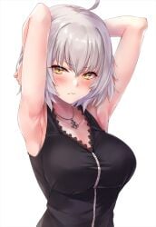 1girls ahoge armpits arms_behind_head arms_up black_dress blush breasts closed_mouth collarbone commentary_request crossed_bangs dress fate/grand_order fate_(series) full-length_zipper grey_hair hair_between_eyes highres jeanne_d'arc_alter_(avenger)_(fate) jeanne_d'arc_alter_(fate) jeanne_d'arc_alter_(ver._shinjuku_1999)_(fate) jewelry large_breasts looking_at_viewer marisasu_(marisa0904) necklace official_alternate_costume short_dress short_hair solo upper_body yellow_eyes zipper zipper_dress