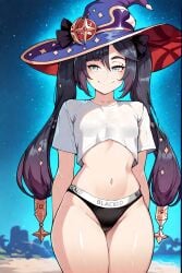 1female 1girls ai_generated blacked blacked_clothing female genshin_impact hoyoverse looking_at_viewer mihoyo mona_(genshin_impact) small_breasts smile smiling smiling_at_viewer smug smug_face solo solo_female solo_focus