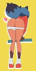 abstract_background anthro ass bent_over blue_hair bottomless brand_new_animal brown_body brown_fur canid canine clothed clothing female footwear fur genitals gloves_(marking) hair heart_symbol hi_res jacket leg_markings looking_away mammal markings michiru_kagemori multicolored_hair nekocream panties panties_down partially_clothed presenting presenting_hindquarters raccoon_dog raised_tail shoes socks_(marking) solo studio_trigger tail tanuki topwear two_tone_hair underwear underwear_down